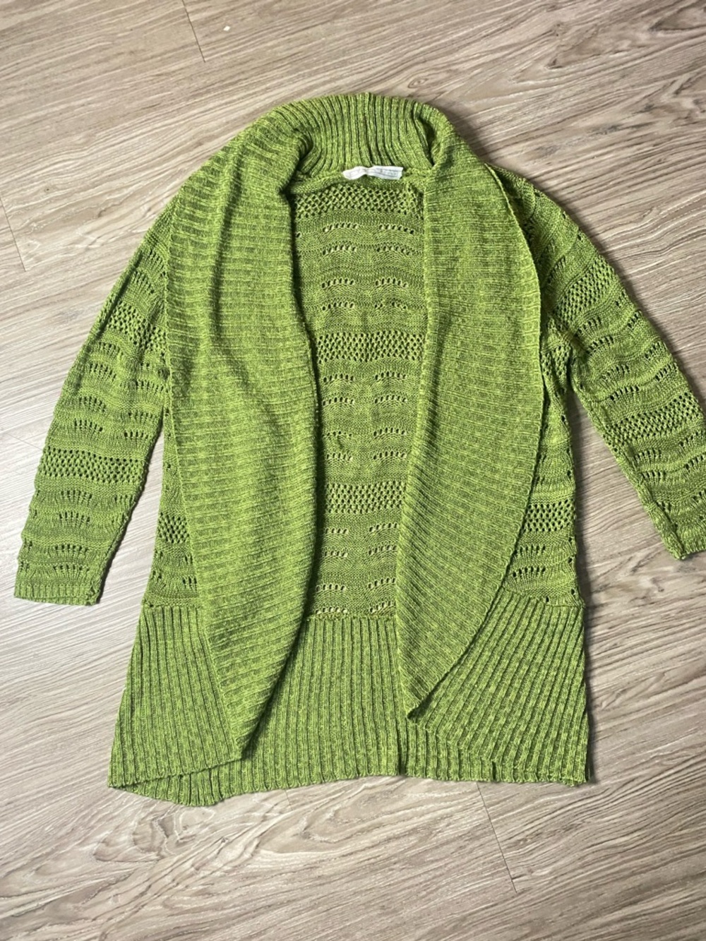 A Knitch Above Green Knit Cardigan Open Front Shawl  Lightweight Sweater Size S